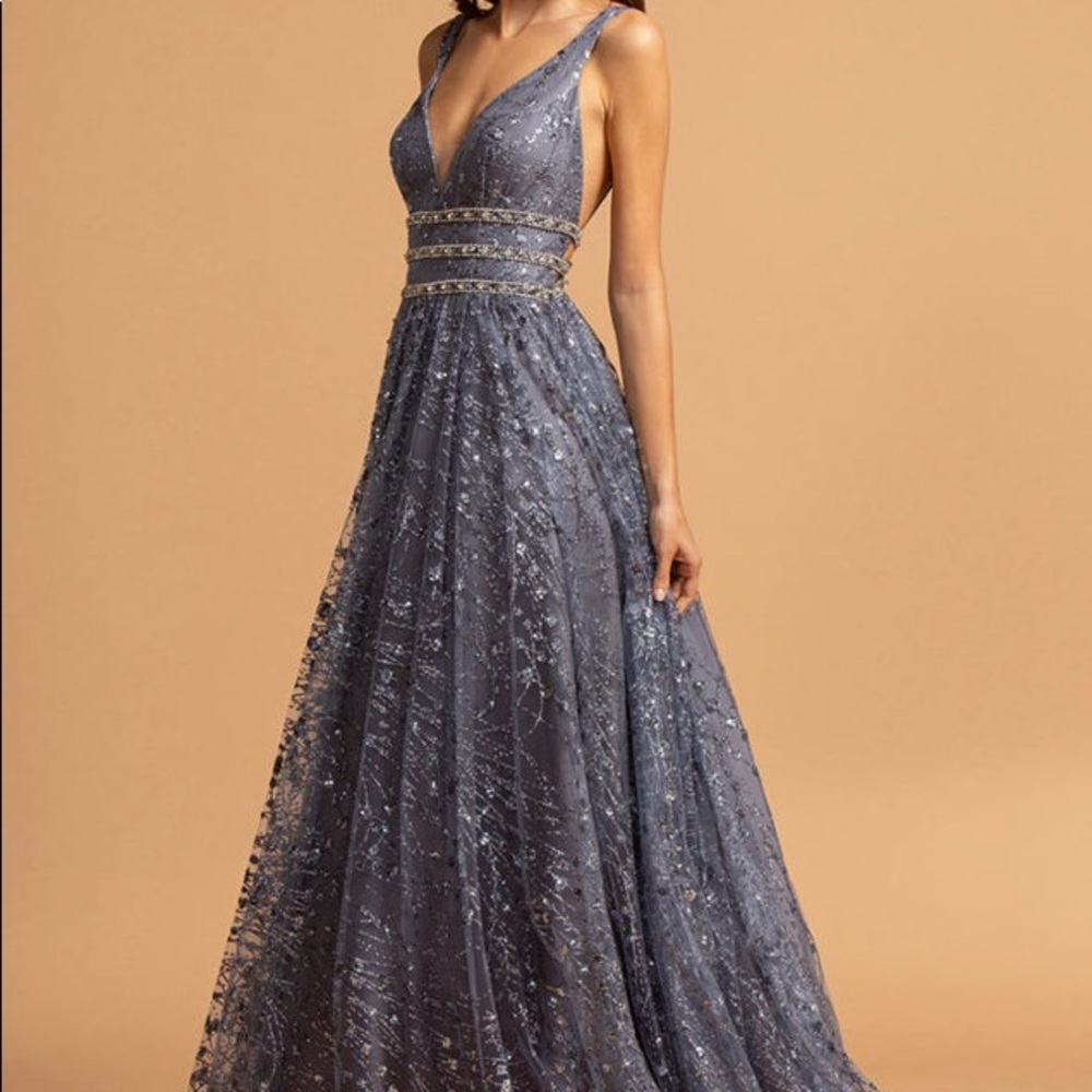 Floor Length A-Line Glitter Tulle Gown V-Neckline by Aspeed L2149